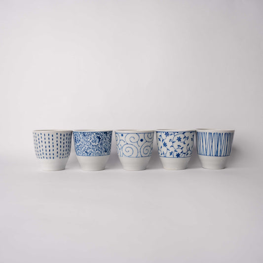 Cup Set 5pcs Indigo & White Designs